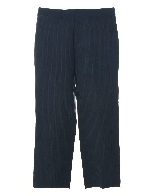 Stripy Pattern Navy Casual Trousers - W32 L28 Trousers Culottes Wide Leg
