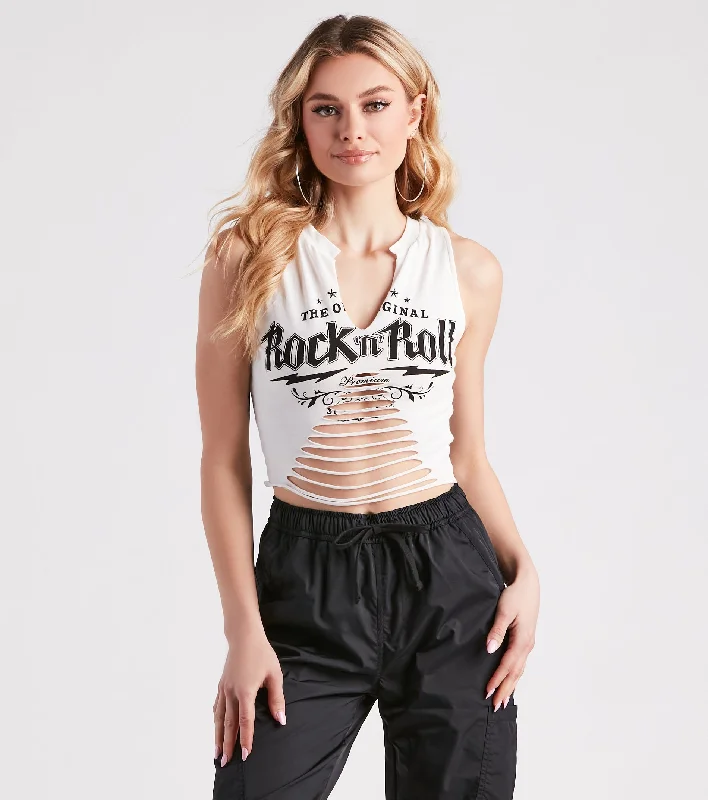 OGs Only Rock N Roll Graphic Sleeveless Crop Top Welt Pockets Slit Pockets Flap Pockets