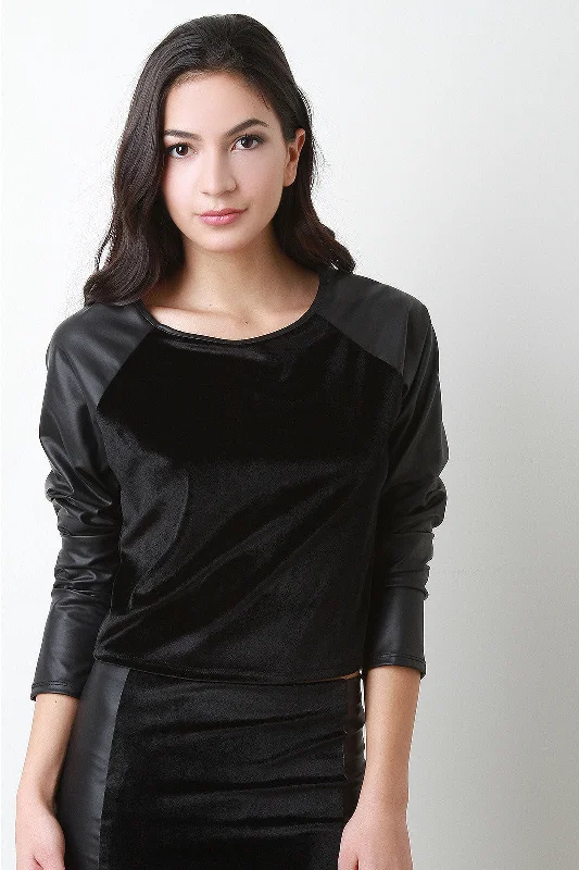 Velvet And Vegan Leather Raglan Crop Top Knit Fabric Woven Fabric Fleece Fabric
