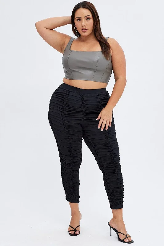 Black Ruched Leggings Fitted Jersey Elastic Waist Fashionable Lacy Detail Leggings