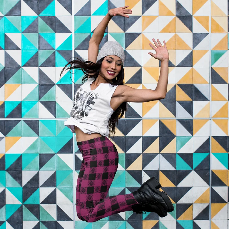 Berry Boho Plaid Leggings with POCKETS Stylish Lightweight Leggings