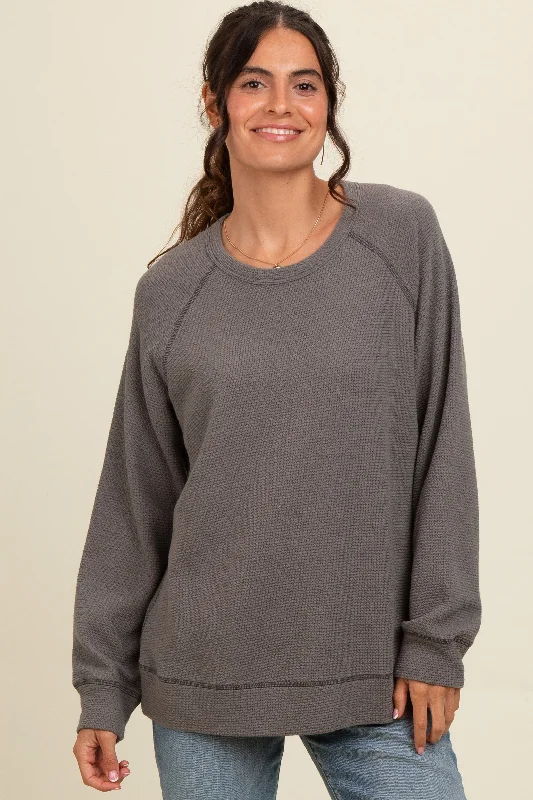 Charcoal Crewneck Waffle Knit Pullover Top Square Neck Pullover