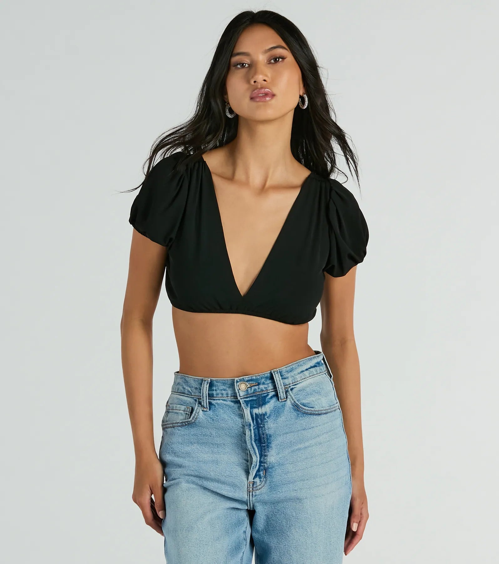 Adorable Allure Puff Sleeve Tie-Back Crop Top Collared Crew Neck Turtle Neck