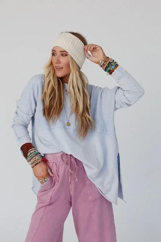 Time Off Terry Knit Pullover Top - Blue Deep Neck Pullover