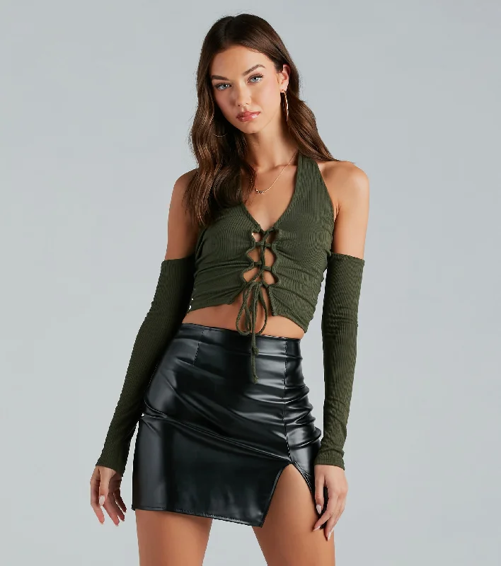 Cool Girl Ties Lace-Up Cold Shoulder Crop Top Seamless Knitted Crochet