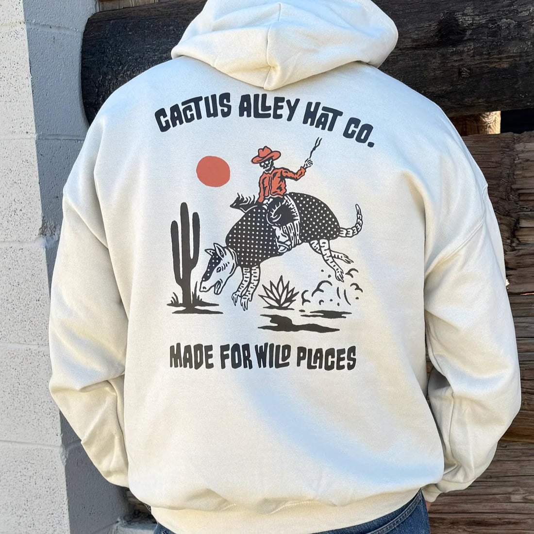 Cactus Alley Hat Co "Buckin Dillo" Pullover Hoodie in Sand Slim Sleeve Pullover