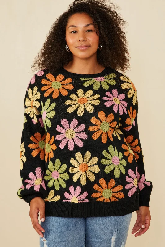 Retro Daisy Knit Pullover Sweater Faux Fur Trim