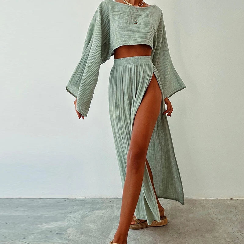 Tanny's Cotton Linen 2 Piece Summer Sets Crop Top High Waist Slit Skirt Front Pockets Side Pockets Patch Pockets Tanny's Cotton Linen 2 Piece Summer Sets Crop Top High Waist Slit Skirt Front Pockets Side Pockets Patch Pockets