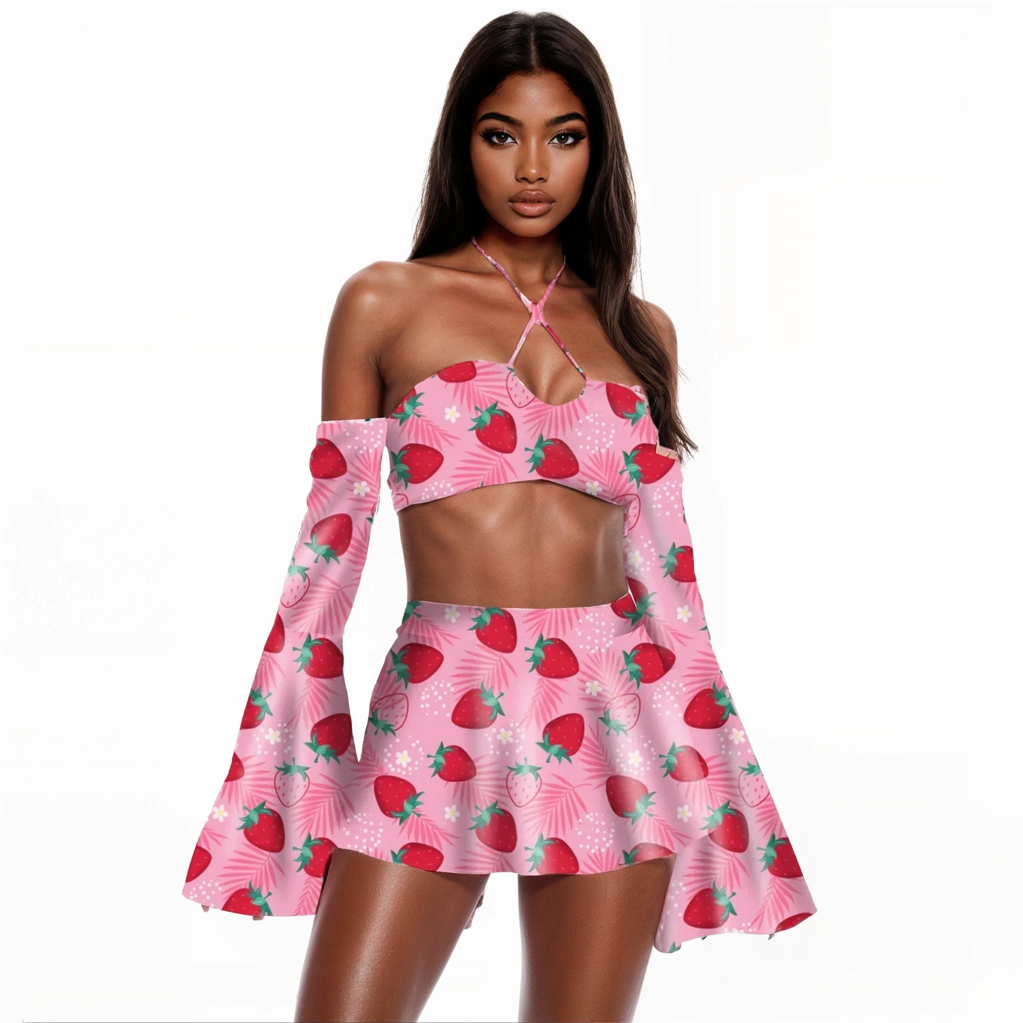 Berry Flare Sleeve Crop Top and Skater Skirt 3-piece Set Modern Contemporary Chic