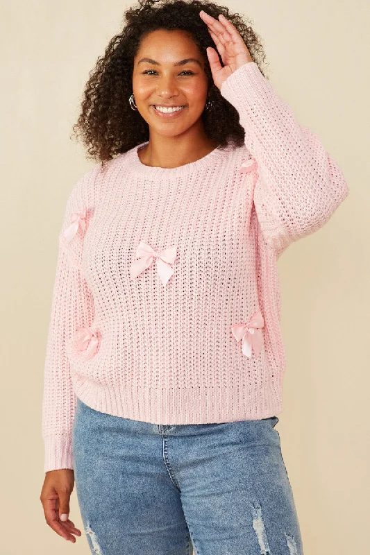 Low Gauge Bow Detail Pullover Sweater Flutter Sleeve Feminine