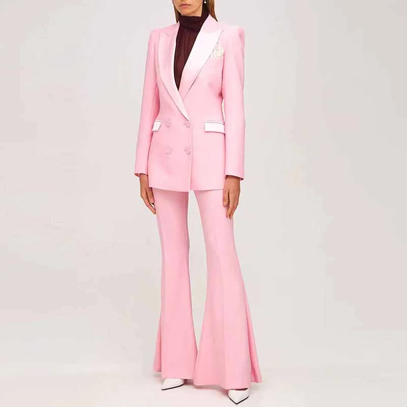 Long Sleeves Pink Blazer Pantsuits Two Piece Pantsuit Flare Trousers Set Trousers cozy soft Long Sleeves Pink Blazer Pantsuits Two Piece Pantsuit Flare Trousers Set Trousers cozy soft
