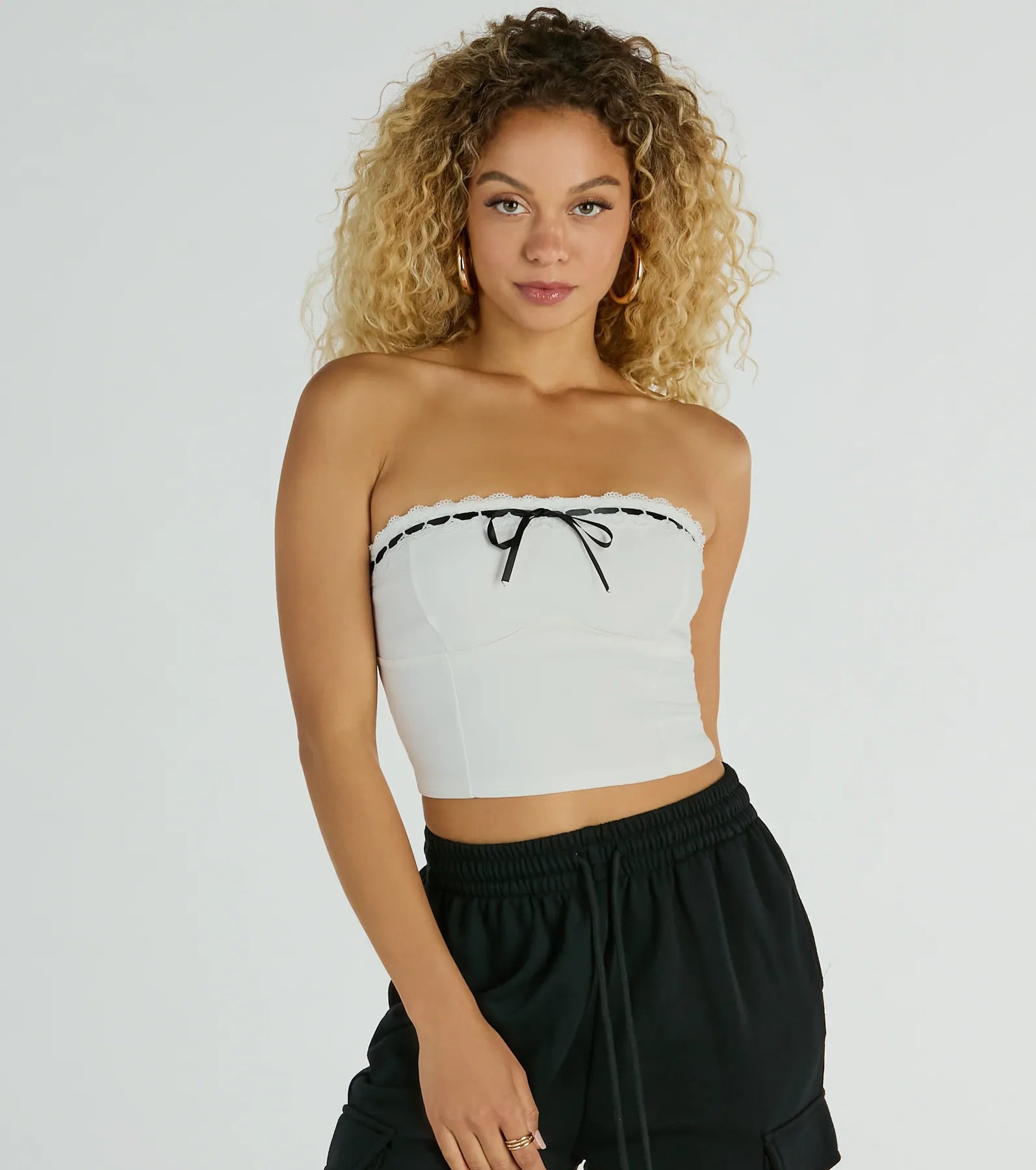 Falling For You Strapless Lace Ribbon Crop Top Spandex Blend Rayon Blend Denim Blend