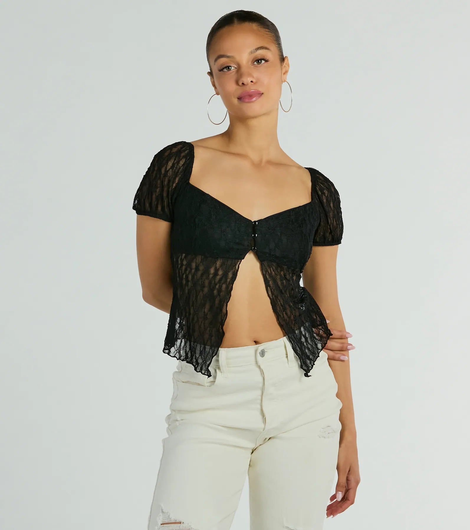 Charm Me Puff Sleeve Lace Crop Top Chenille Brocade Lace