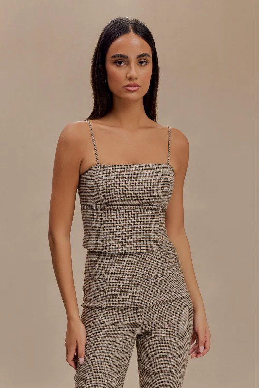 Aberley Crop Top - Tan Check Wool Fabric Cashmere Fabric Tweed Fabric