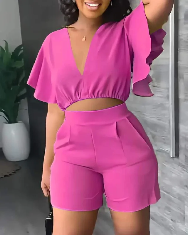 V NECK FLUTTER SLEEVE CROP TOP SHORTS SET Layered Multi-layer Single Layer