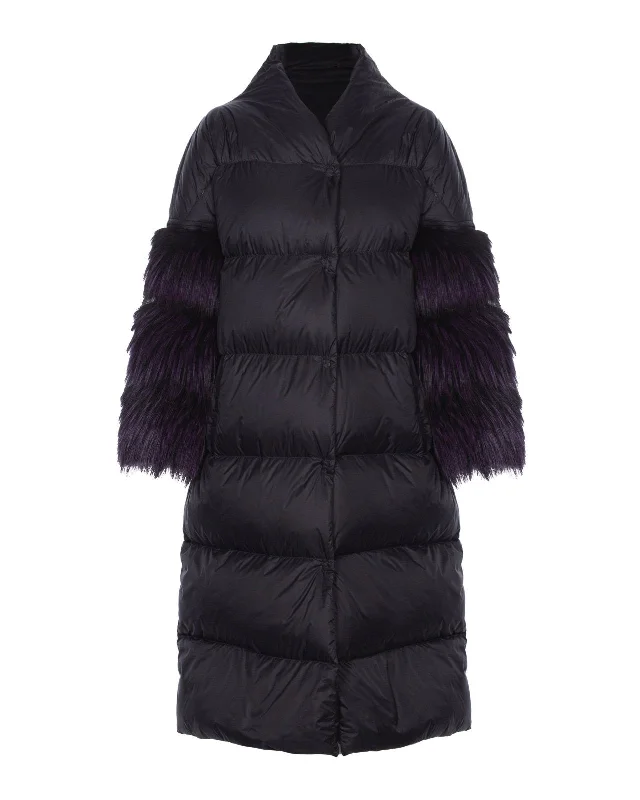 Black Long Puffer Coat Solid Print Jacquard