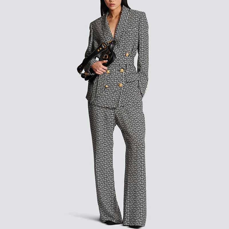 Women Chic Maze Double Breasted Belted Blazer + Elastic Waist Trousers Pants Suit Trousers Cargo Utility