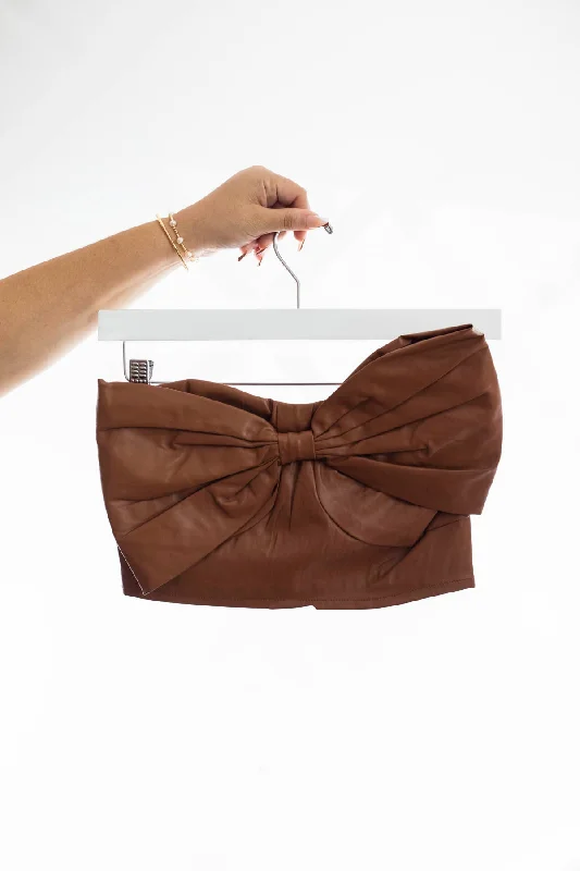 Faux Leather Strapless Bow Tie Crop Top  - DM Mesh Blend Leather Blend Suede Blend