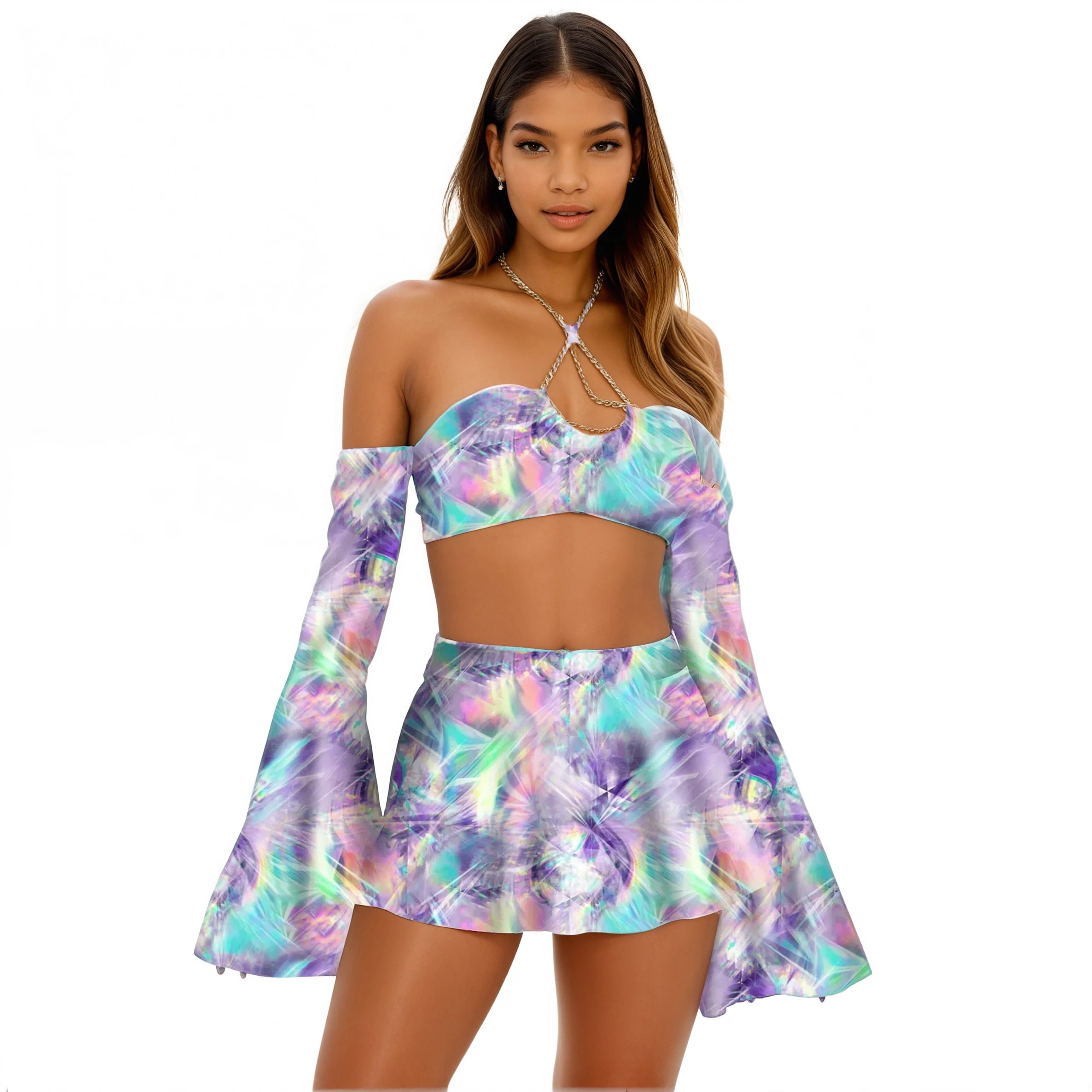 Tie Dye Fractals Flare Sleeve Crop Top and Skater Skirt 3-piece Set Elegant Classic Vintage Tie Dye Fractals Flare Sleeve Crop Top and Skater Skirt 3-piece Set Elegant Classic Vintage