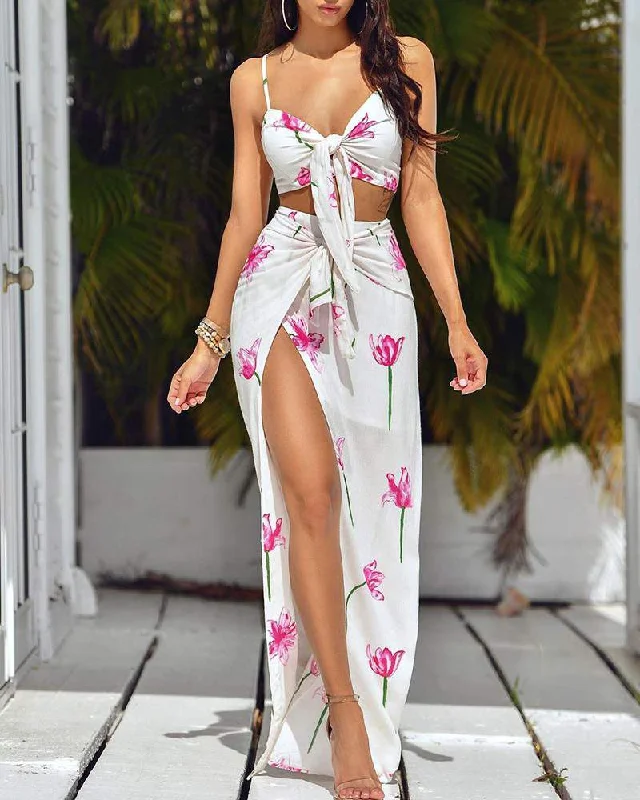 Floral Print Tie Front Crop Top High Slit Maxi Skirt Set Crop Top Seamless Stretchy