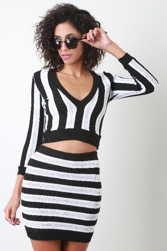 Shimmer Vertical Stripe Crop Top Collared Crop Top Boat Neck A-Line