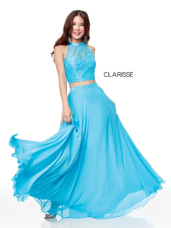 Clarisse 3427 High Neck Lace Crop Top A-line Chiffon Skirt 2pc Dress Striped Floral Plaid