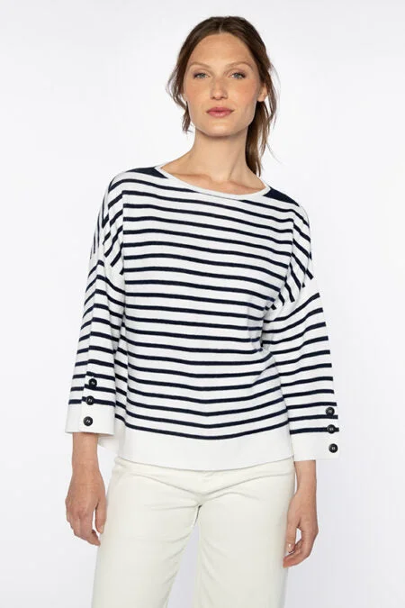 Kinross Cashmere Stripe Button Slv Pullover Boat Neck Sweater