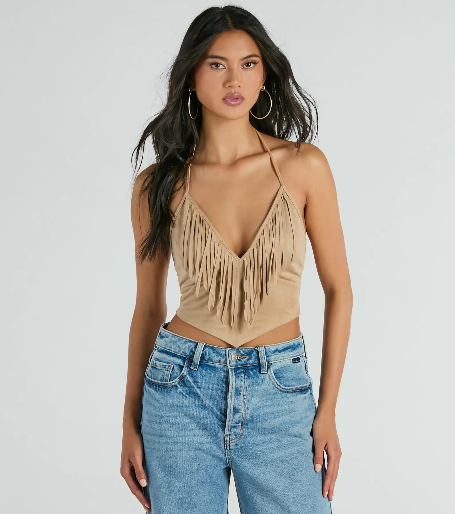 Festive Icon V-Neck Fringe Halter Faux Suede Crop Top Collared Crop Top Boat Neck A-Line