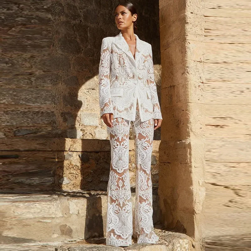Mesh Heavy Embroidery Sequined Blazer Trousers Suit Two Piece Set Trousers Cargo Utility
