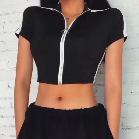 Short Sleeve V-Neck Zipper Crop Top Denim Fabric Leather Fabric Suede Fabric