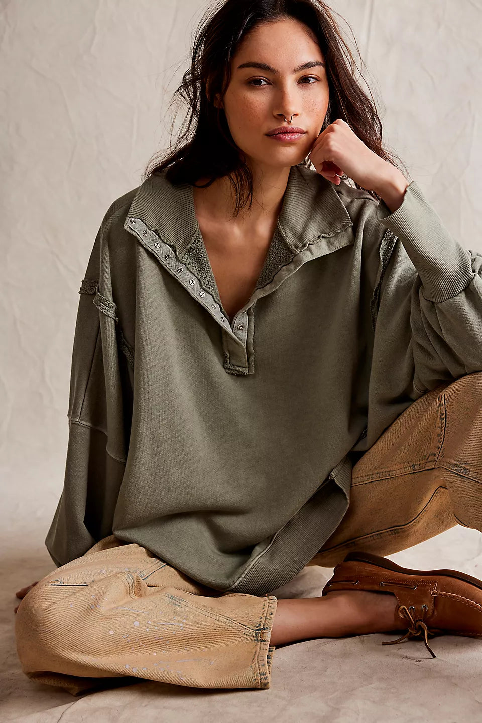 Free People We The Free Camden Henley Sweatshirt - LAUREL OAK Hoodie with Double Zipper Versatile Adjustable