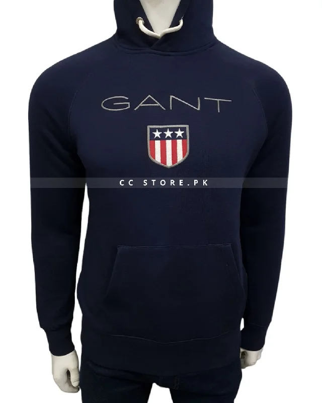 GNT Shield Logo Navy Blue Hoodie Hoodie with Exposed Zipper Edgy Industrial