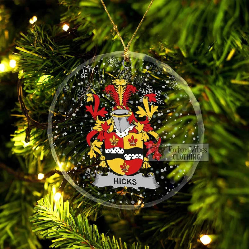 Hicks Irish Clan Christmas Glass Ornament with Coat of Arms Tie-Waist Belted Drawstring