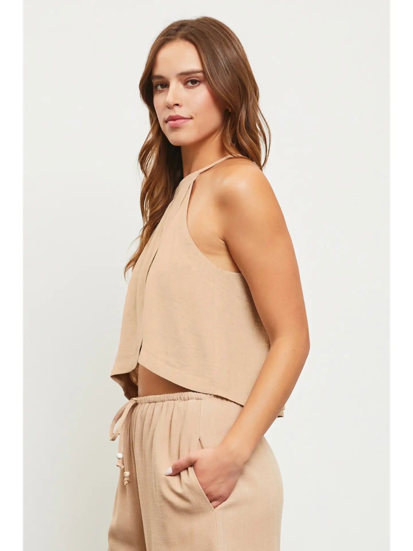 MS Taupe Halter Neck Crop Top Nylon Fabric Polyester Fabric Spandex Fabric