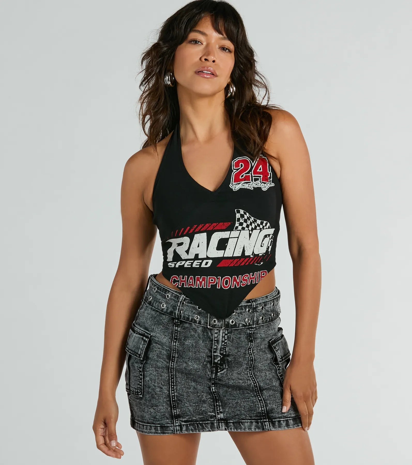 Championship Racing Halter Graphic Crop Top Satin Fabric Silk Fabric Chiffon Fabric