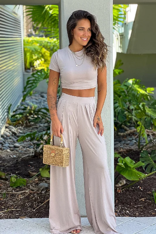 Oatmeal Crop Top And Pants Set Graphic Embroidered Appliqued