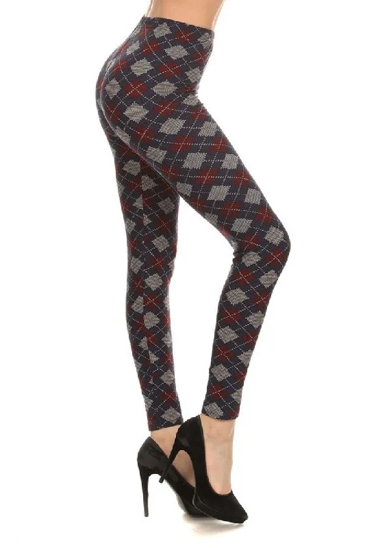 Navy Burgundy Argyle Graphic Print Lined Leggings Comfortable Capri-Length Leggings