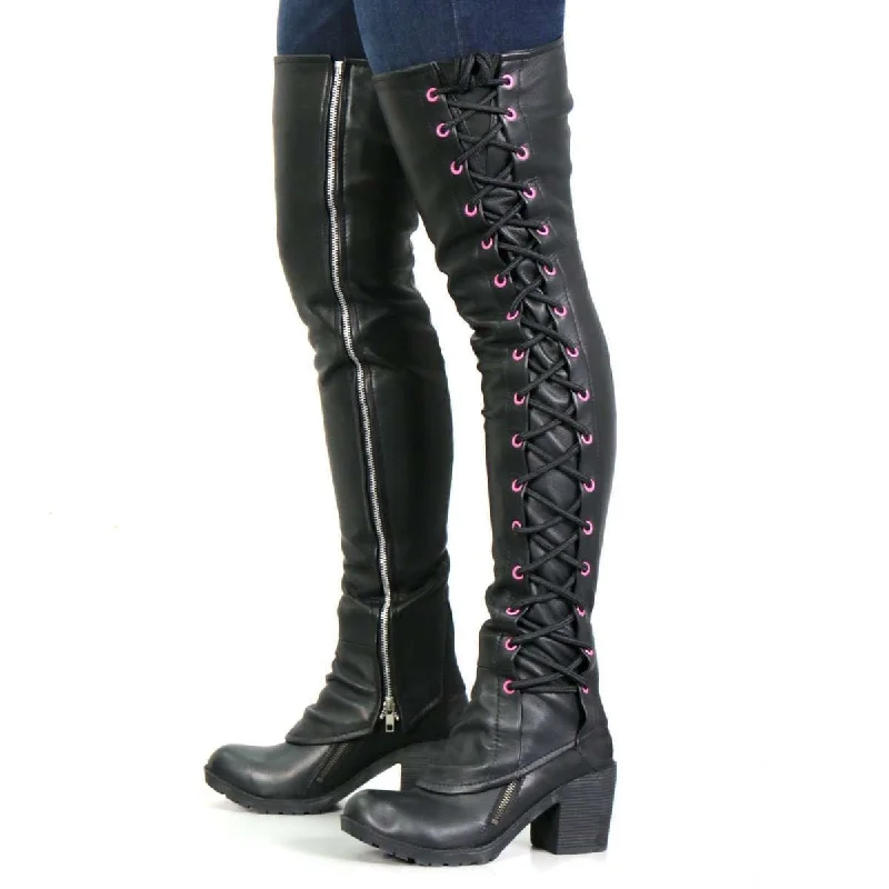 Hot Leathers LCU1005 Ladies Black Lambskin Leather Leggings with Pink Side Lace Stylish Winter-Ready Leggings Hot Leathers LCU1005 Ladies Black Lambskin Leather Leggings with Pink Side Lace Stylish Winter-Ready Leggings