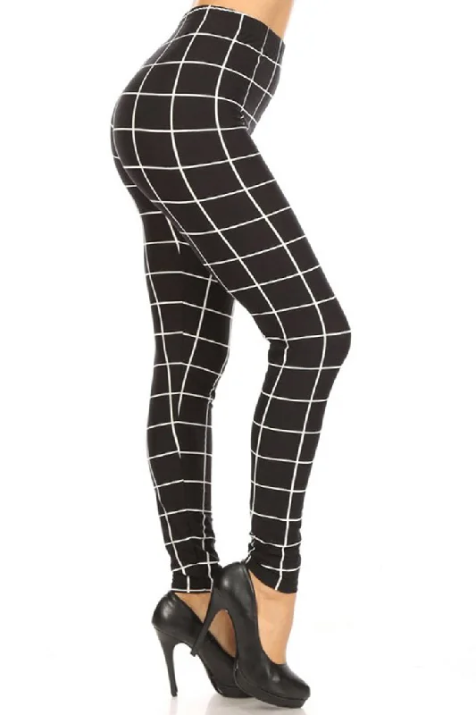 Black White Windowpane Check Leggings Stylish Ankle-Length Leggings