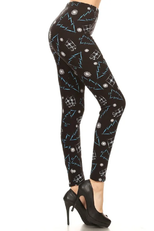 Black Blue Gift Tree Design Leggings Trendy Cut-Out Activewear Leggings