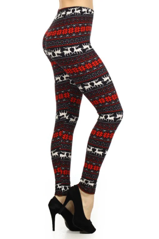 Black Red Reindeer Snowflake Design Leggings Trendy High-Waist Tummy Control Leggings