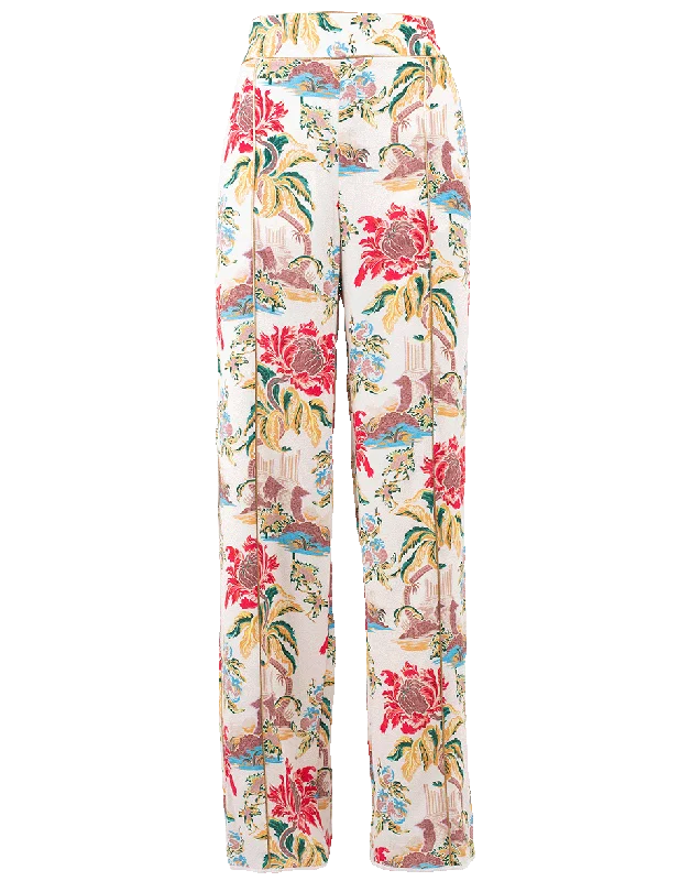 Flower Print Crepe Trousers Trousers Tapered Slim Fit