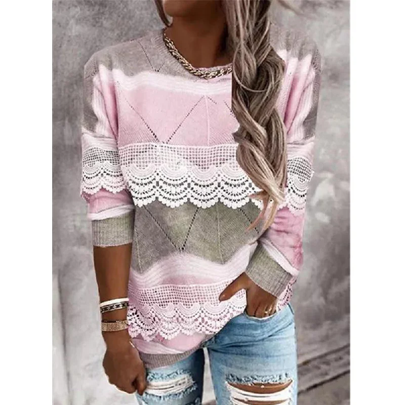 Fashionable Round Neckline Pullover Color Block Casual Top Honey Neck Pullover