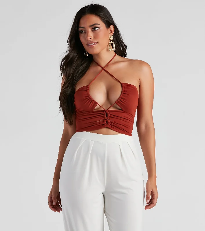 Strings Attached Halter Crop Top Collared Crop Top Boat Neck A-Line