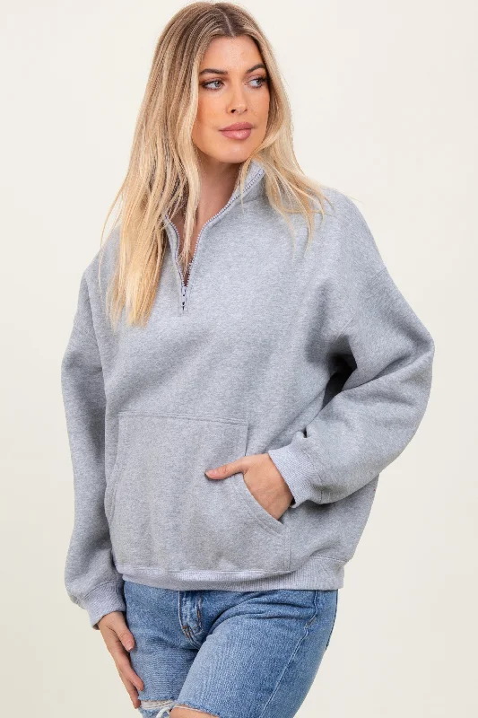 Heather Grey Fleece Oversized Half Zip Pullover Saggy Sleeve Comfort