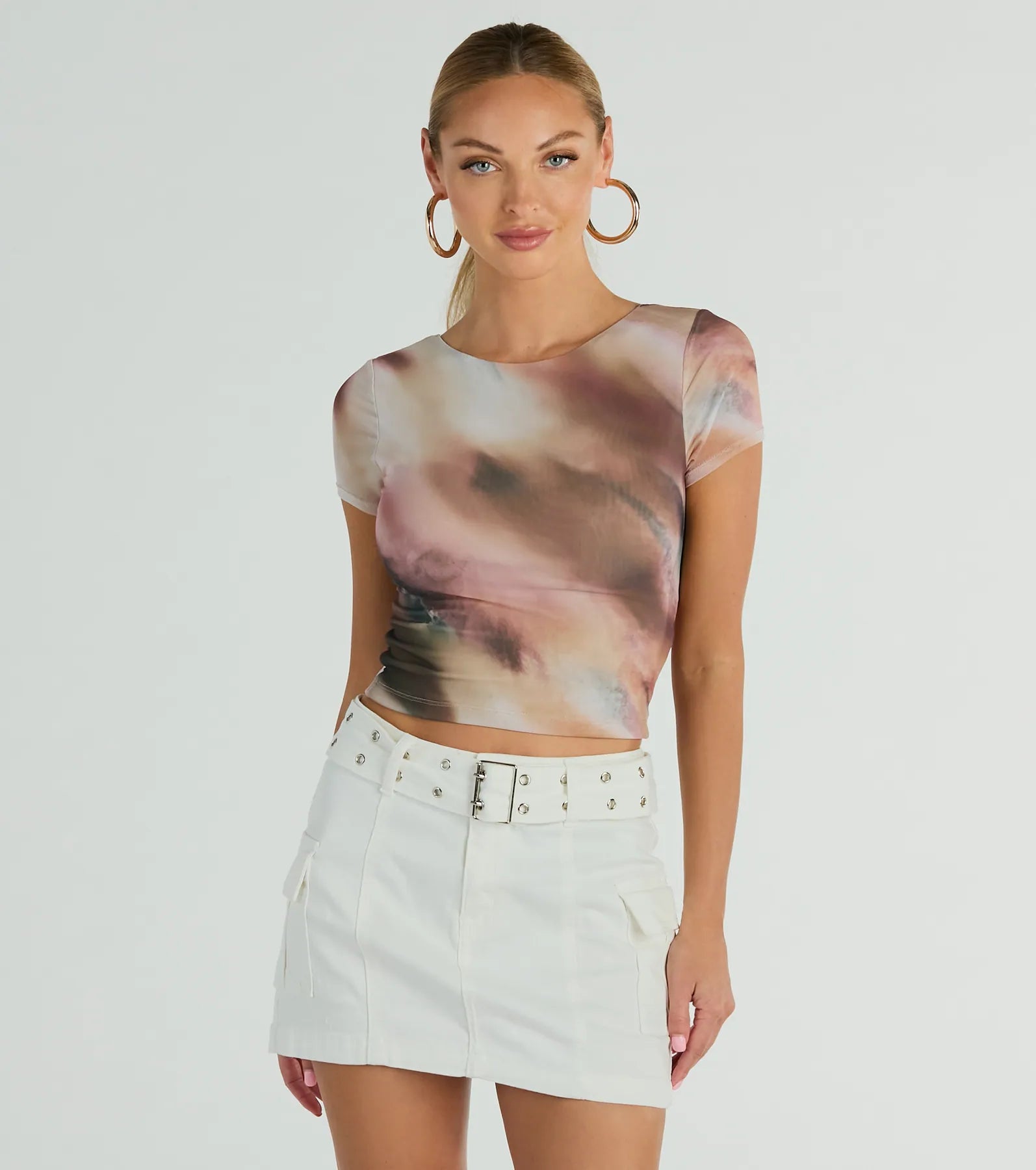 Talk Back Abstract Print Mesh Crop Top Casual Formal Business