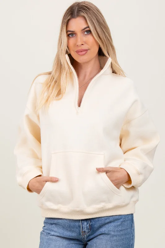 Cream Fleece Oversized Half Zip Pullover Bell Sleeve Stylish