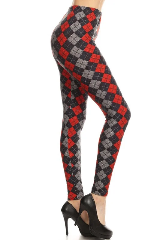 Black Red Grey Argyle Design Leggings Stylish Colorful Activewear Leggings