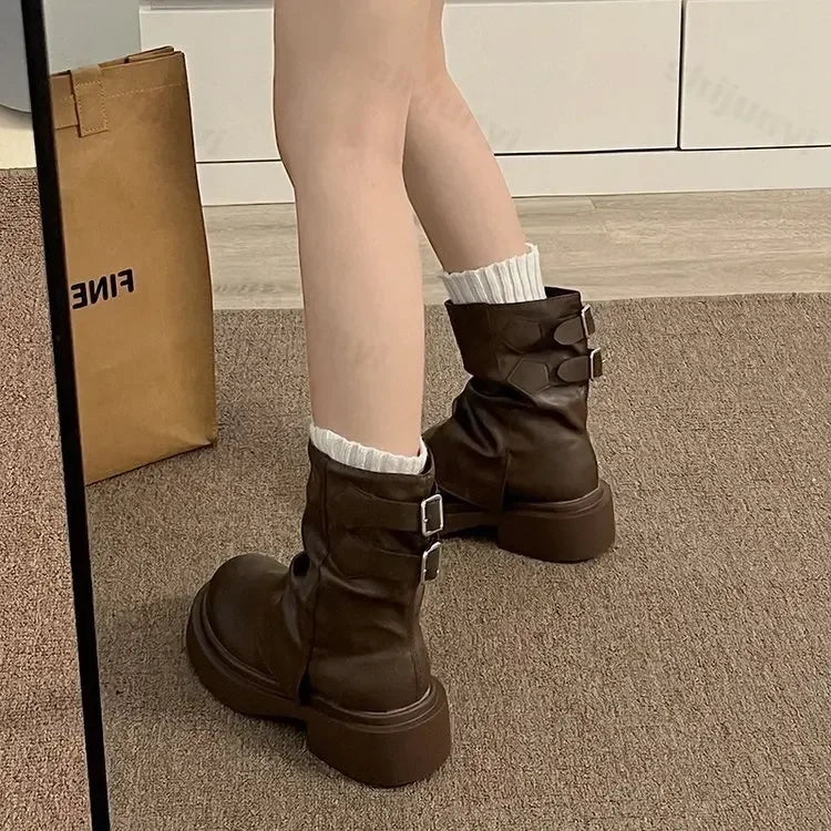 Lunivop Chunky Women Short Boots New Fashion Belt Buckle Thick Heel Trouser Shoes Autumn Women's Non-slip Platform Ankle Booties Trousers Floral Bohemian