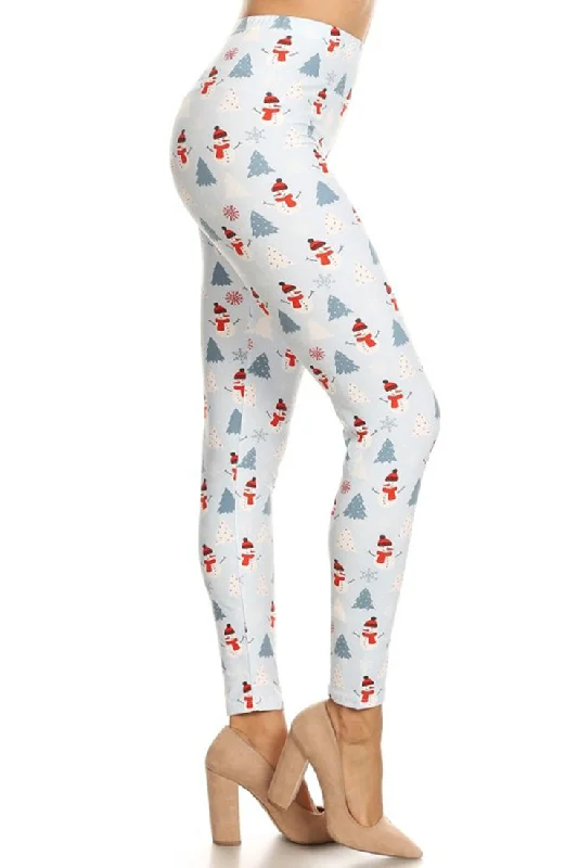 Light Blue Snowman Design Leggings Fashionable Minimal Active Leggings
